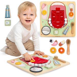 Montessori fa oktatótábla kis fogorvosnak - fogkefe, fogkrém, kivehető fogak, tükör, étel, ízek tanulása