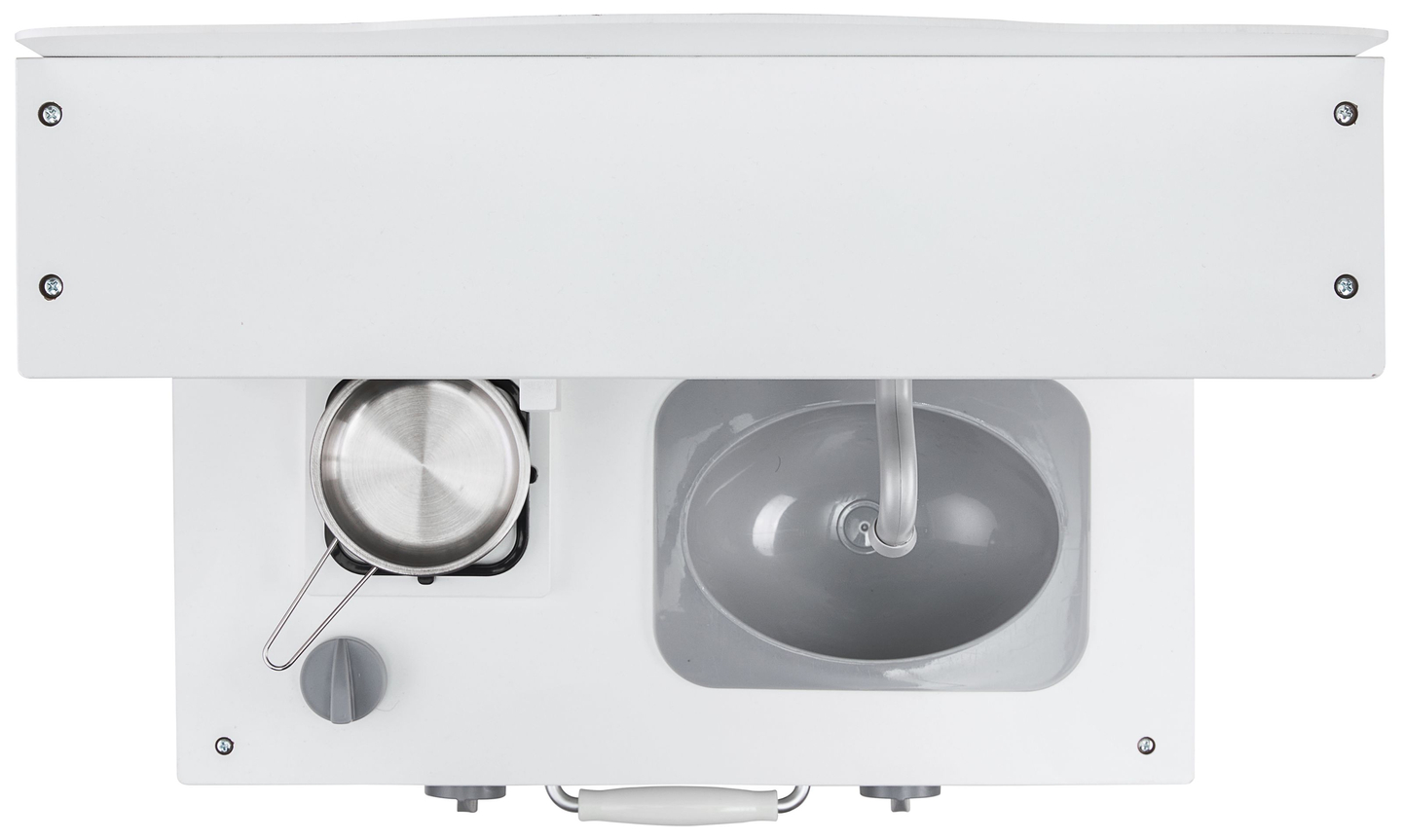 Fehér fa konyha köténnyel, kiegészítőkkel és LED lámpával