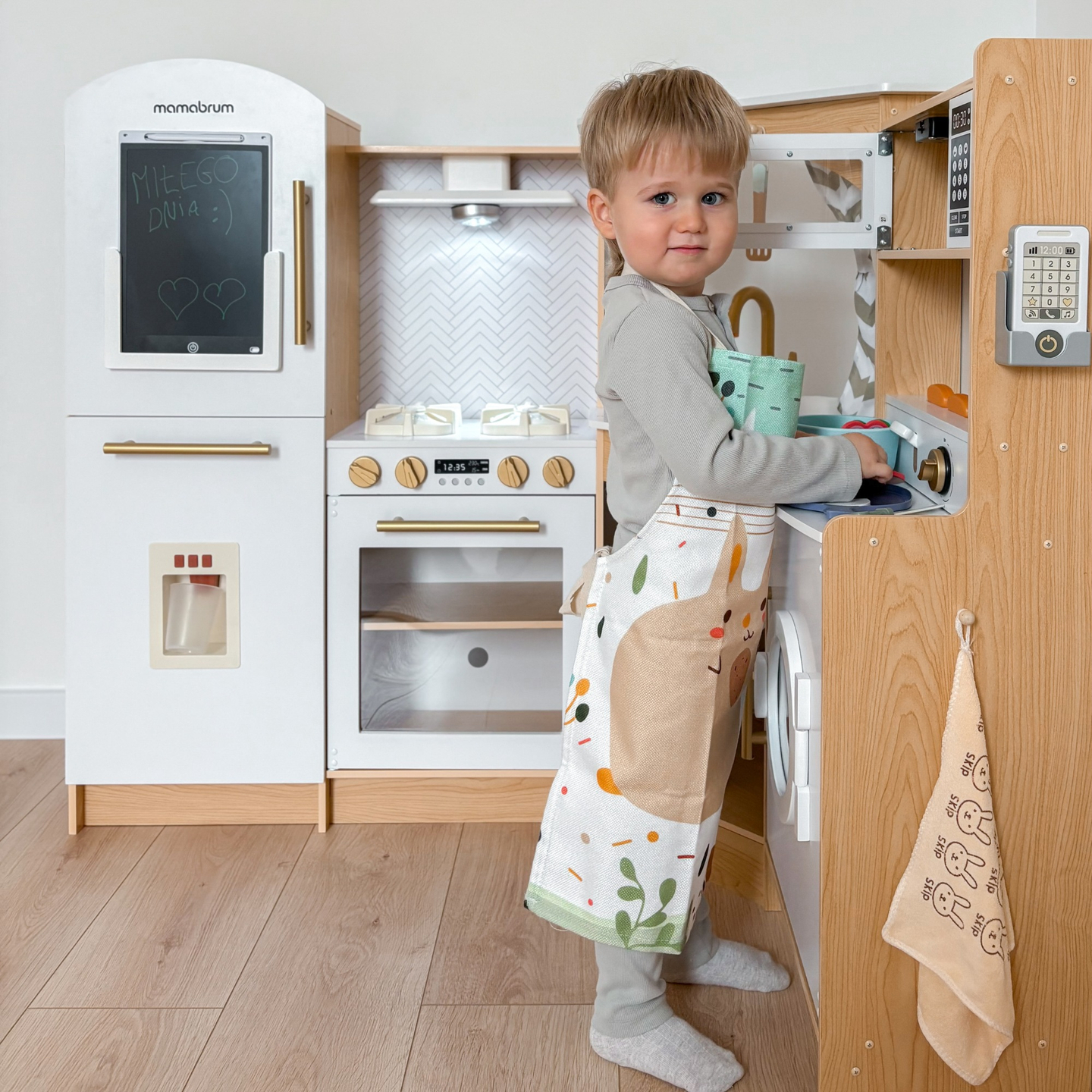 XXXXL nagy, fából készült interaktív konyha LED világítással, mosógép mikrohullámú kávéfőzővel, zöldség- és gyümölcskészlettel - 50 elemmel