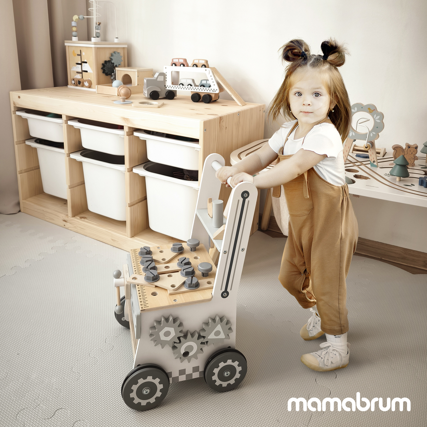 3 az 1-ben fa járókeret, tolókocsi + műhely - 47 elem