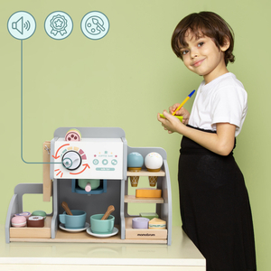 Nagyméretű, fából készült fagylaltozó mágneses táblával, kávéfőzővel, fagylalt- és desszertkészlettel - több mint 70 darab!