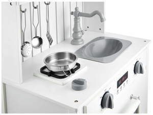 Fehér fa konyha köténnyel, kiegészítőkkel és LED lámpával