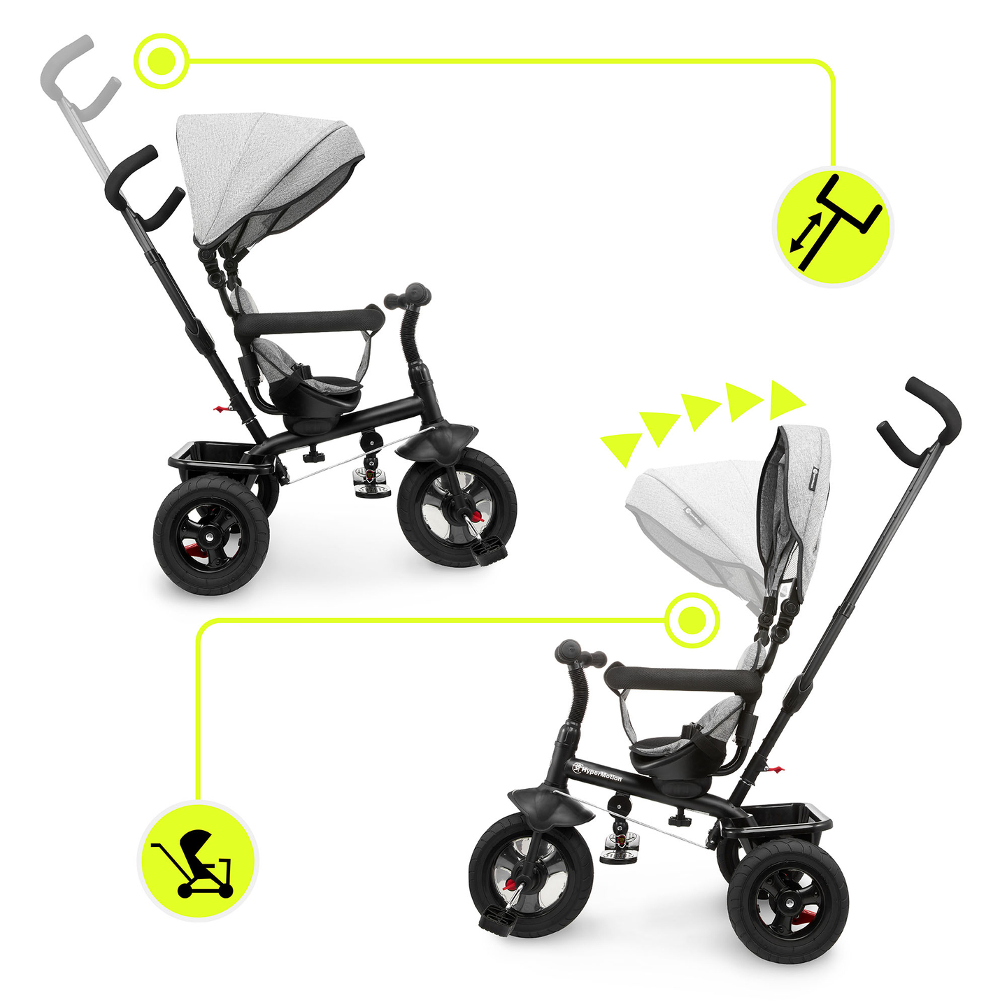 Háromkerekű gyerekeknek 1-4 éves korig - TOBI FREY - szürke színű - forgatható - pumpás kerekek + tolóerő