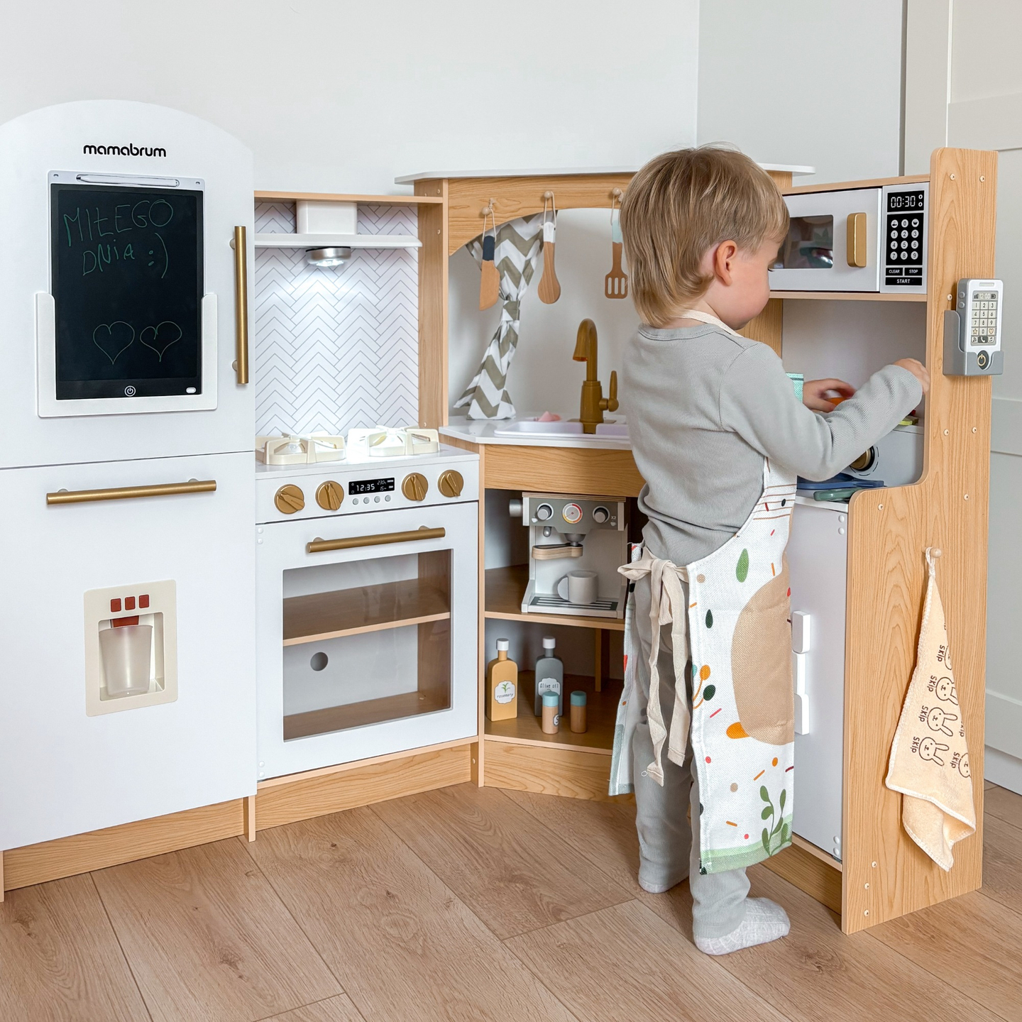 XXXXL nagy, fából készült interaktív konyha LED világítással, mosógép mikrohullámú kávéfőzővel, zöldség- és gyümölcskészlettel - 50 elemmel