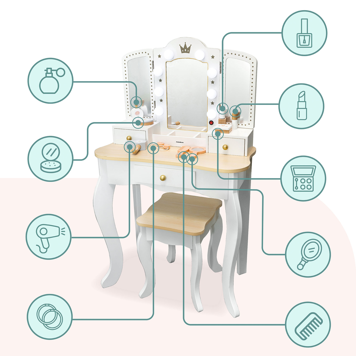 XXL fából készült öltözőasztal székkel és LED világítással gyerekeknek + tartozékok