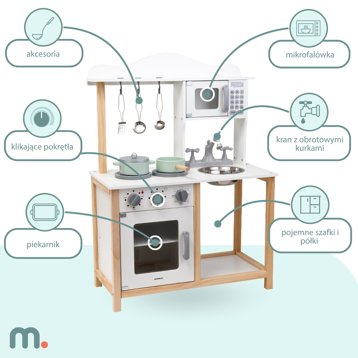 Fából készült gyermekkonyha mikrohullámú sütővel