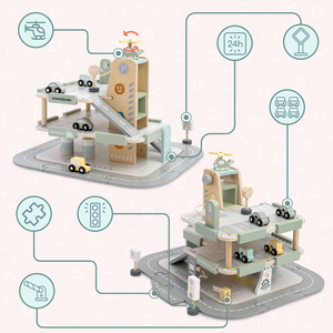 Fából készült, háromszintes garázs gyerekeknek kiegészítőkkel – parkoló, benzinkút, autómosó, helikopter