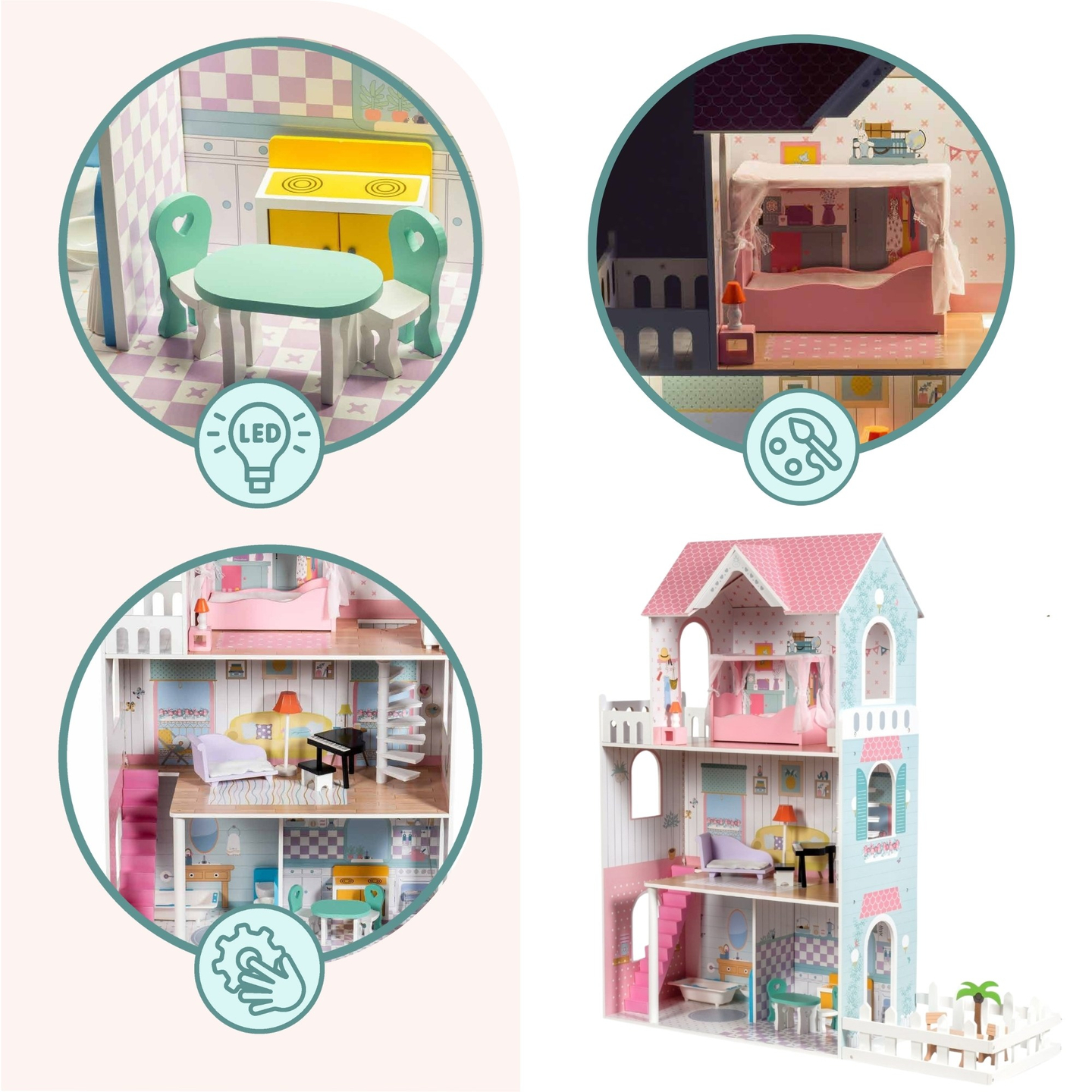 XXL Legnagyobb fából készült babaház - 123 cm - LED világítással - terasz, kiegészítők, kert