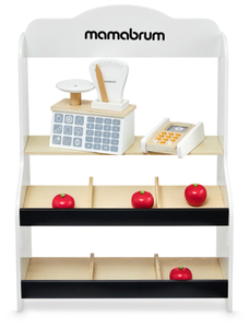 Mini market - bolt mérleggel, terminállal, fizetési kártyával és gyümölcsökkel