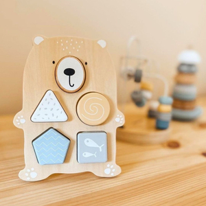 Fából készült játékkészlet - színes összefonódás, pecsétpiramis, mackó szortírozó