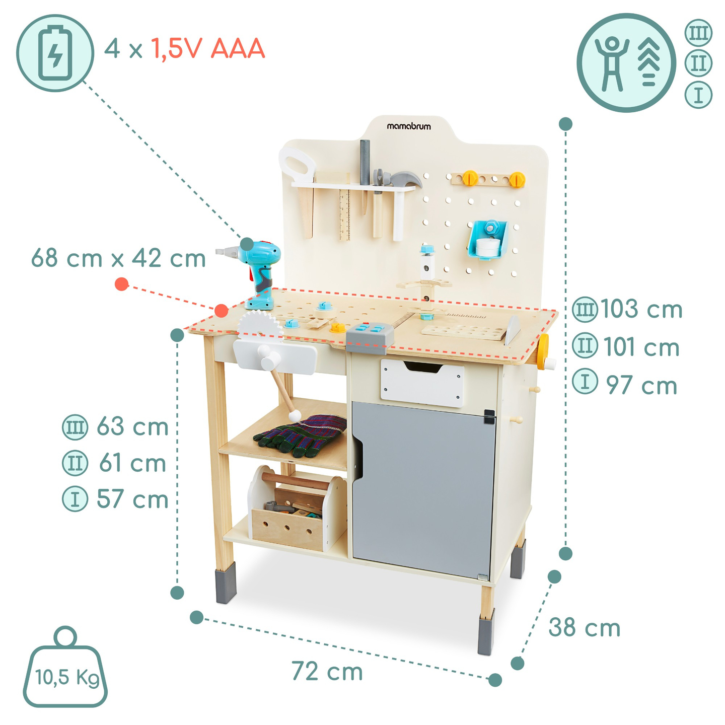 XXL nagy fa műhely szerszámokkal - barkácskészlet, 74 elemmel