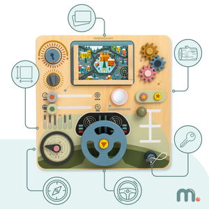 Fa Montessori tábla 2 az 1-ben vezetőfülke a kis sofőrnek és pilótának – kormánykerék, sebességváltó, útitérképek, radar