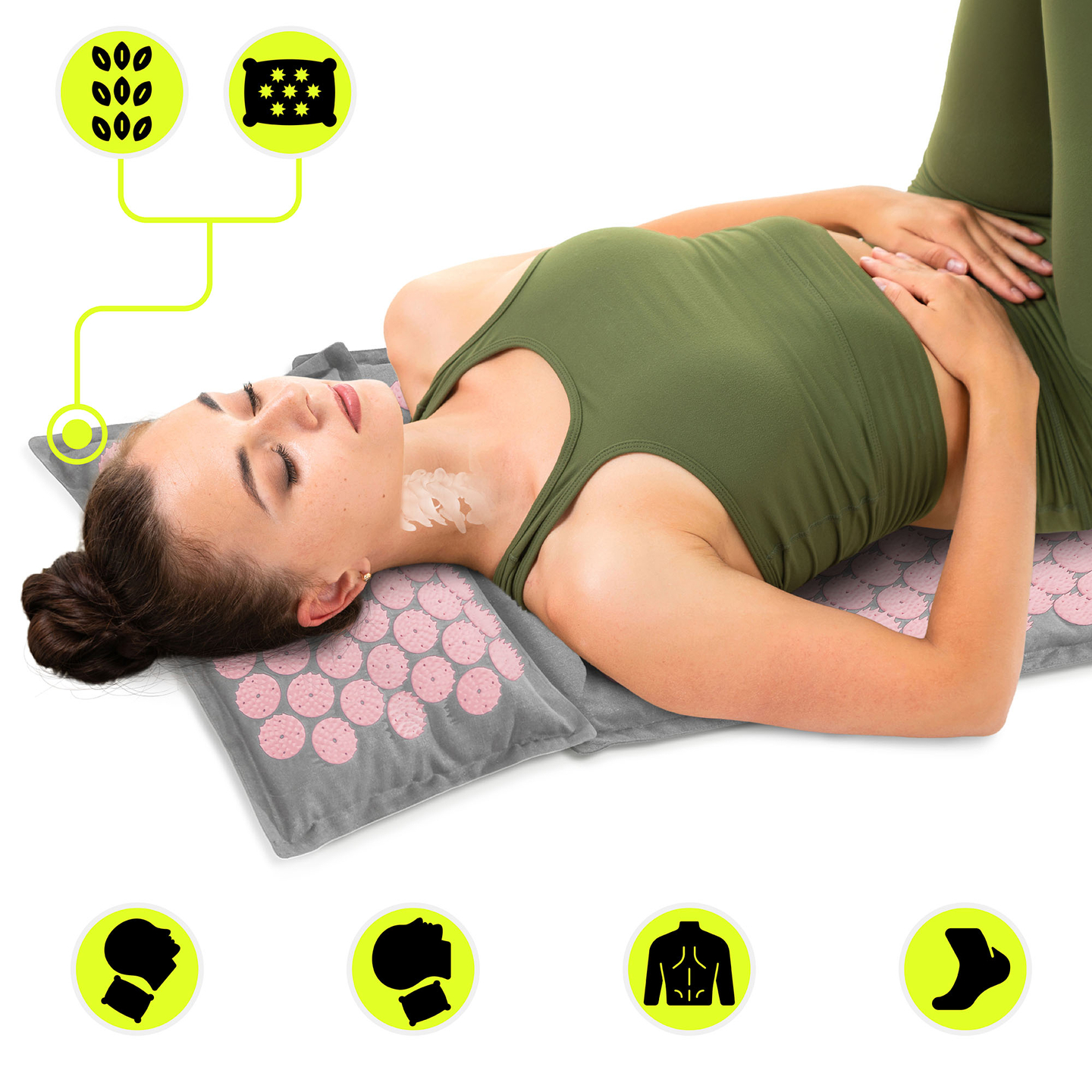 Öko vászon akupresszúrás szőnyeg kókuszrosttal és hajdinapárnával – 68 cm HyperMotion szürke és rózsaszín