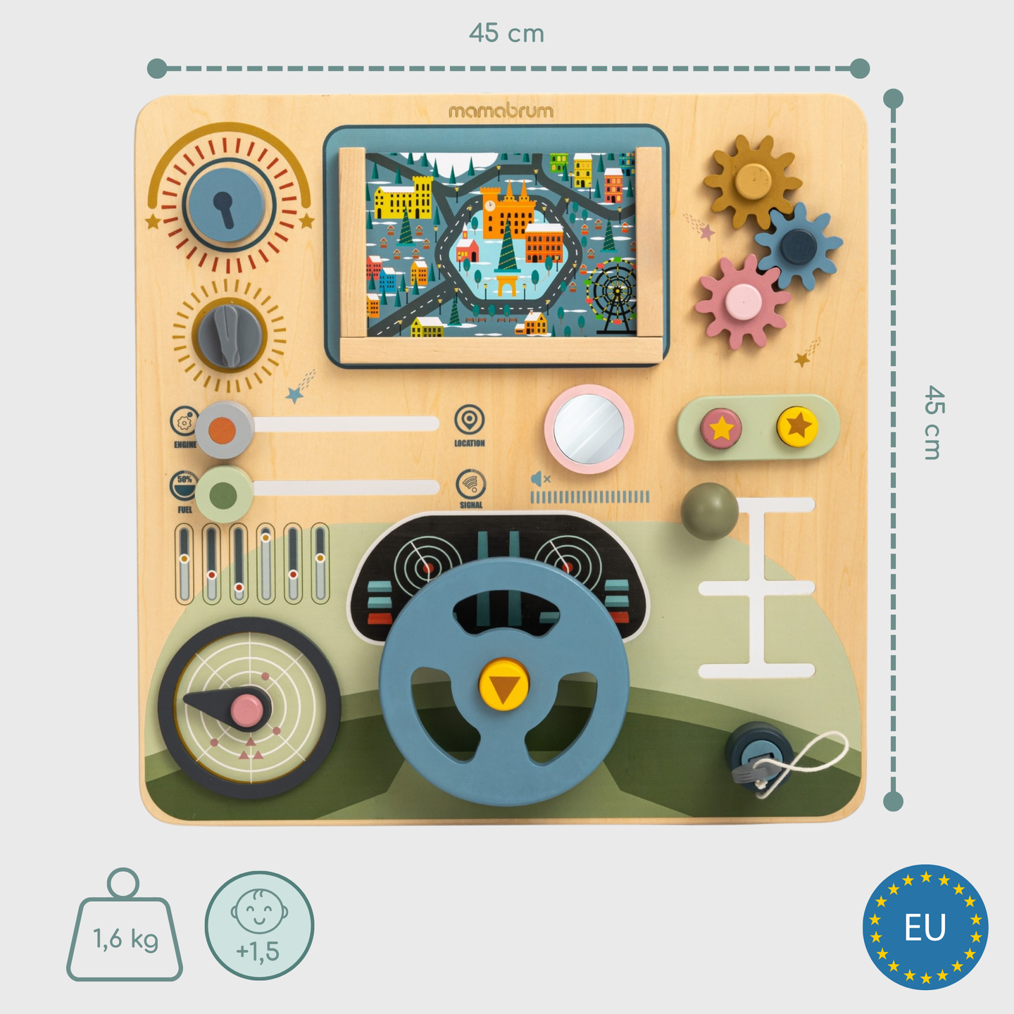 Fa Montessori tábla 2 az 1-ben vezetőfülke a kis sofőrnek és pilótának – kormánykerék, sebességváltó, útitérképek, radar