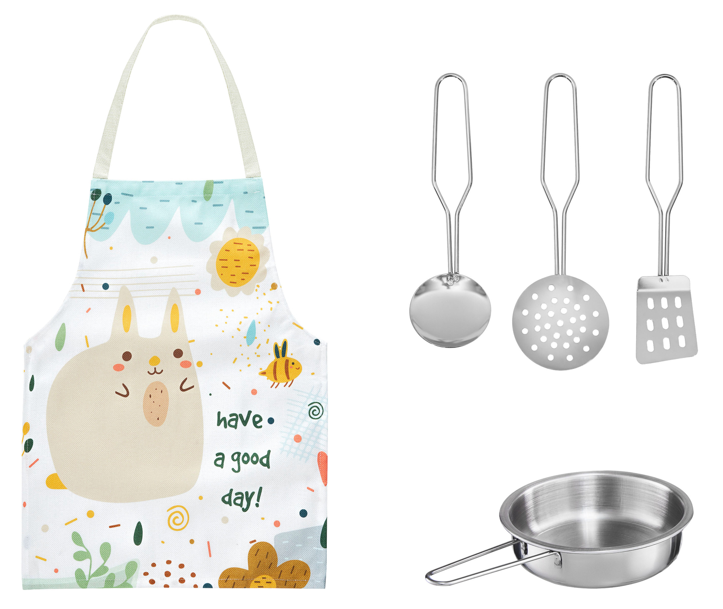 Fehér fa konyha köténnyel, kiegészítőkkel és LED lámpával