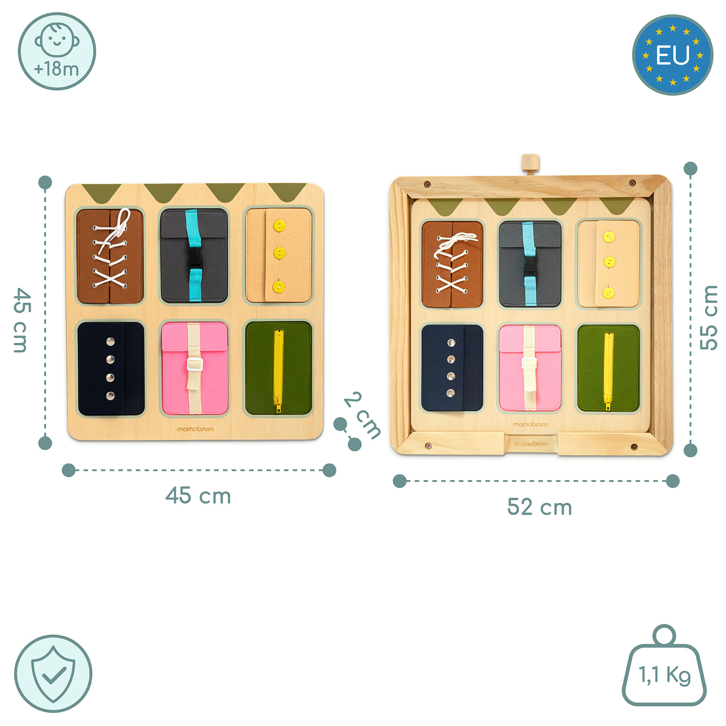 Montessori fa manipulatív tábla – Szenzoros önállóság tanulás - fűzők, csatok, gombok, patentkapcsok, cipzár
