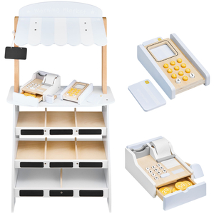 Zöldségbolt - fából készült bódé ládákkal, pénztárgéppel és terminállal