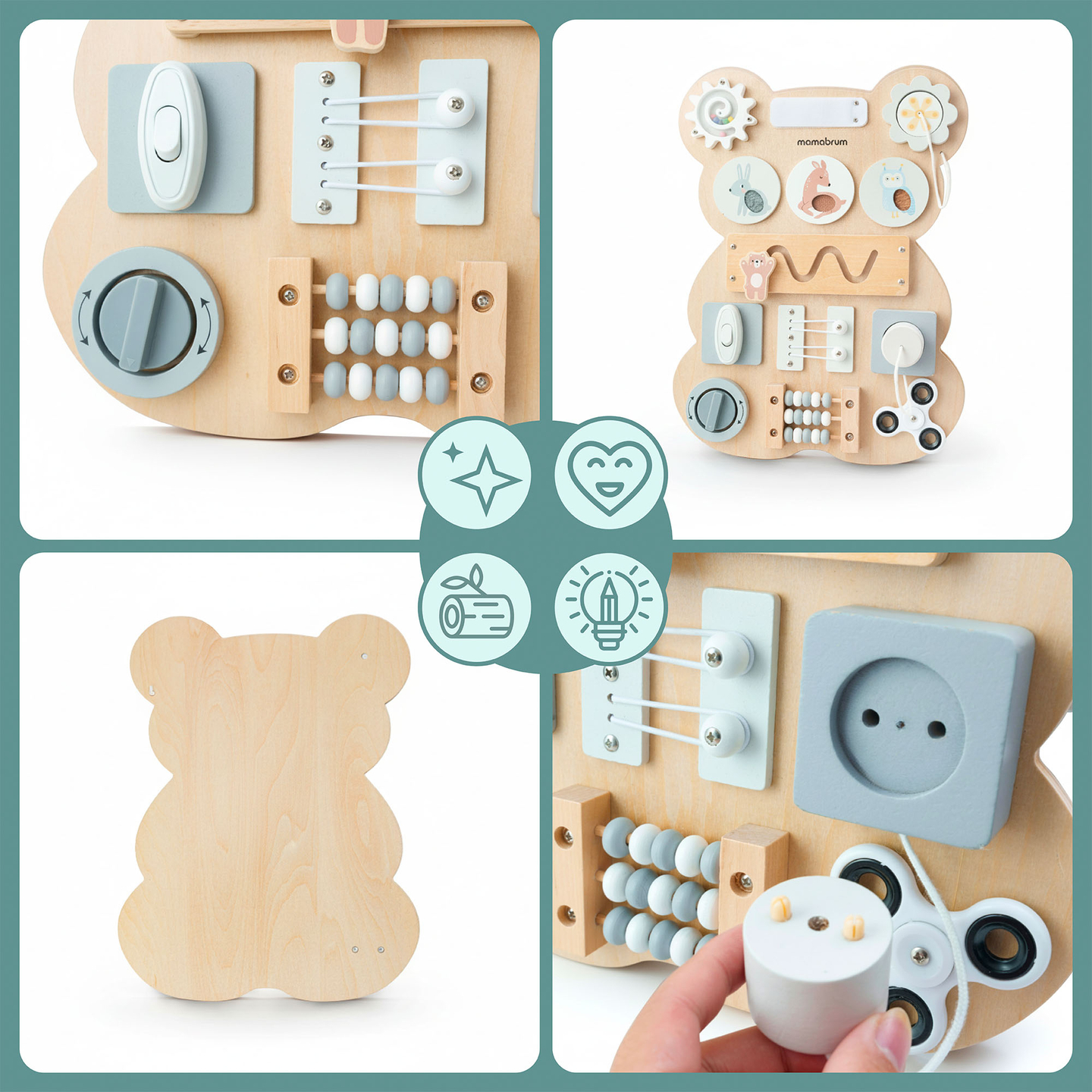 Montessori fa plüssmackó manipulatív tábla - szenzoros önállóság tanulás: tépőzár, dugó, labirintus, kattintógomb