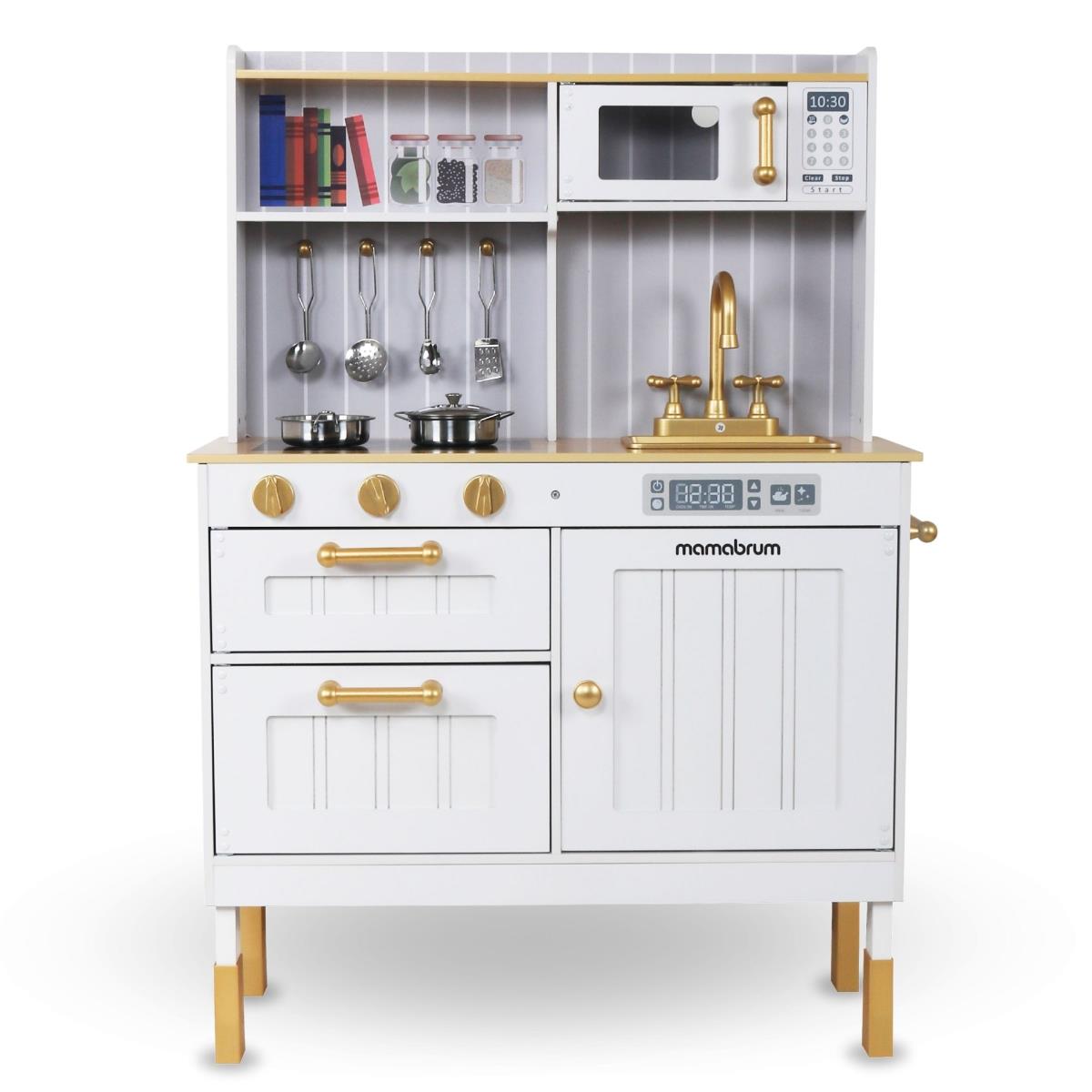 Fehér fa konyha kiegészítőkkel és köténnyel