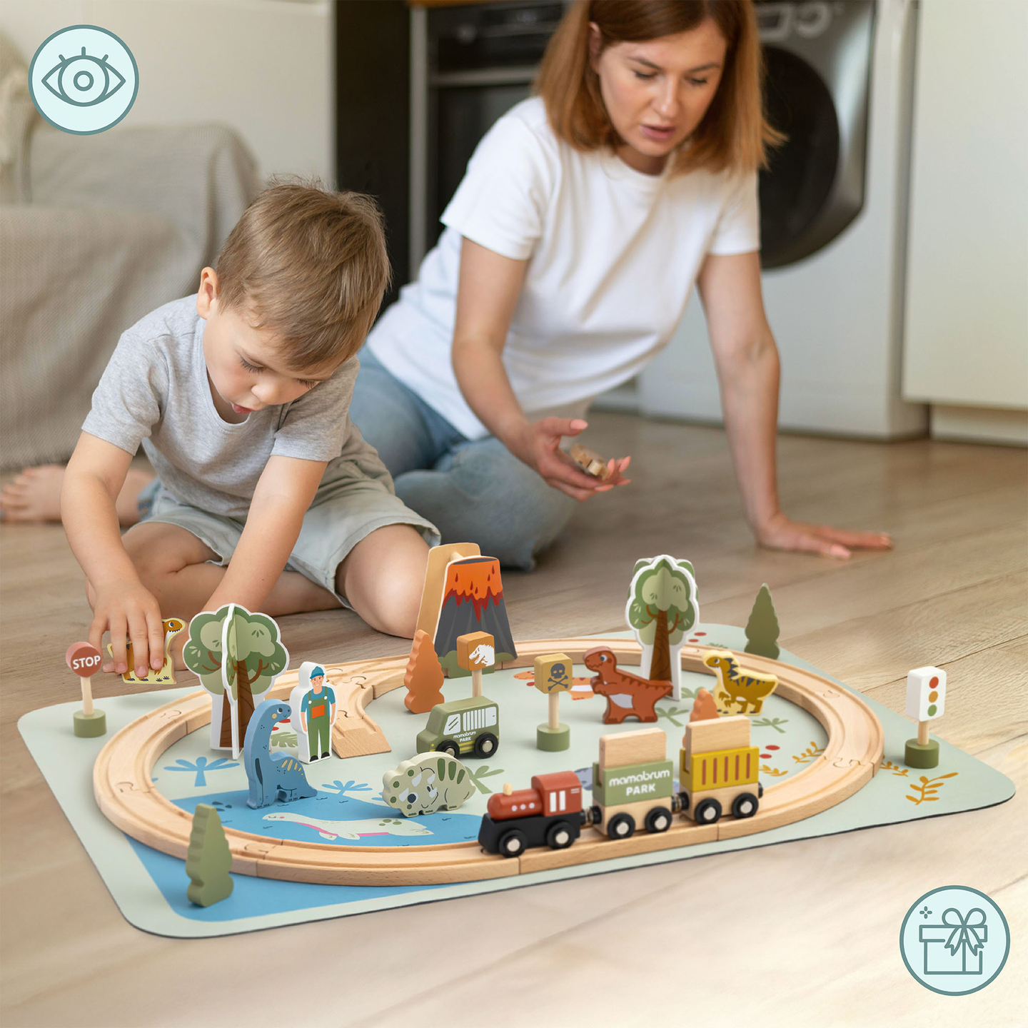 Dino Park fa vonat csúszásgátló szőnyeggel - dinoszauruszok, vonat, sínek, vulkán, harang