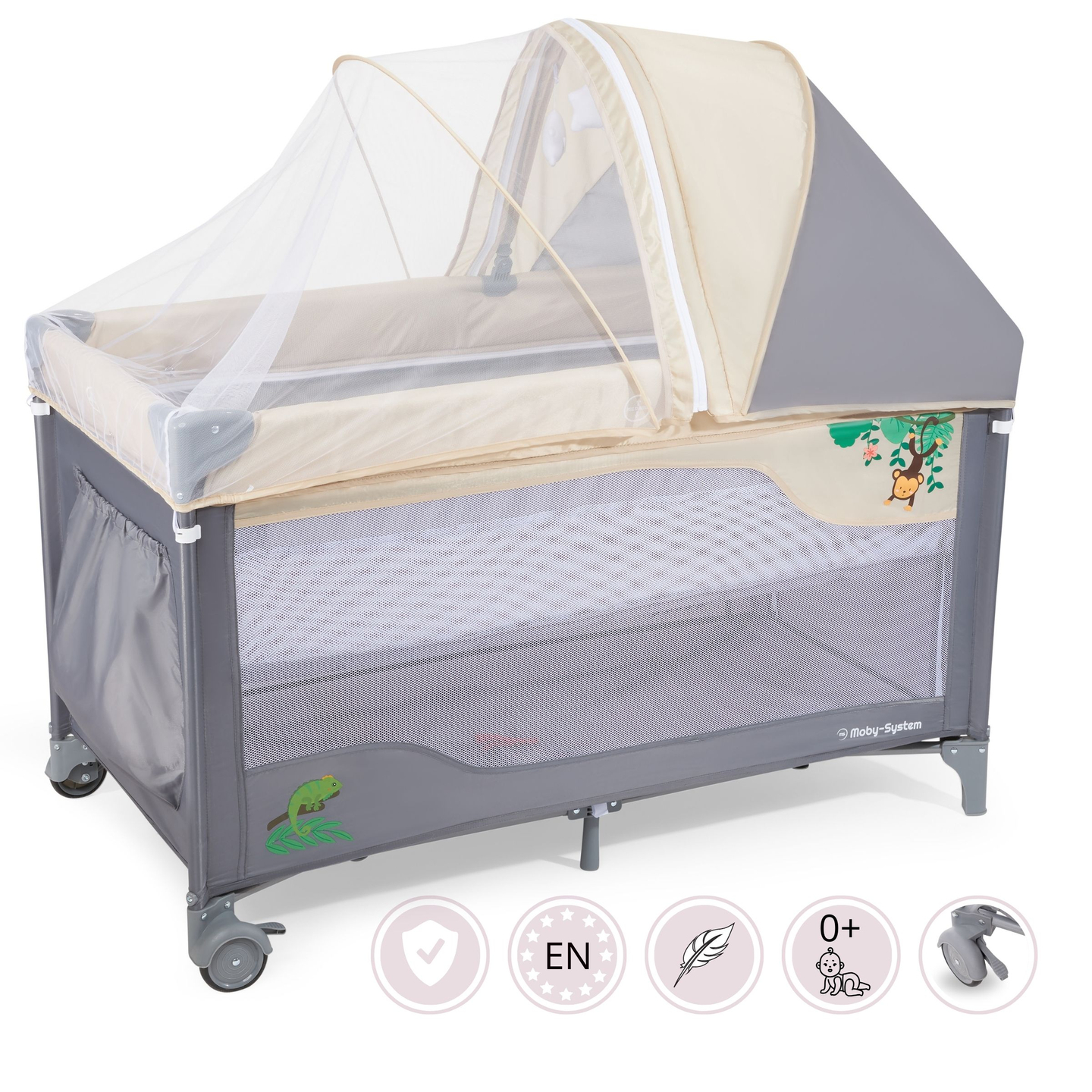 Utazóágy 0 - 36 m pelenkázóasztallal + Moby-System HUXLEY járóka