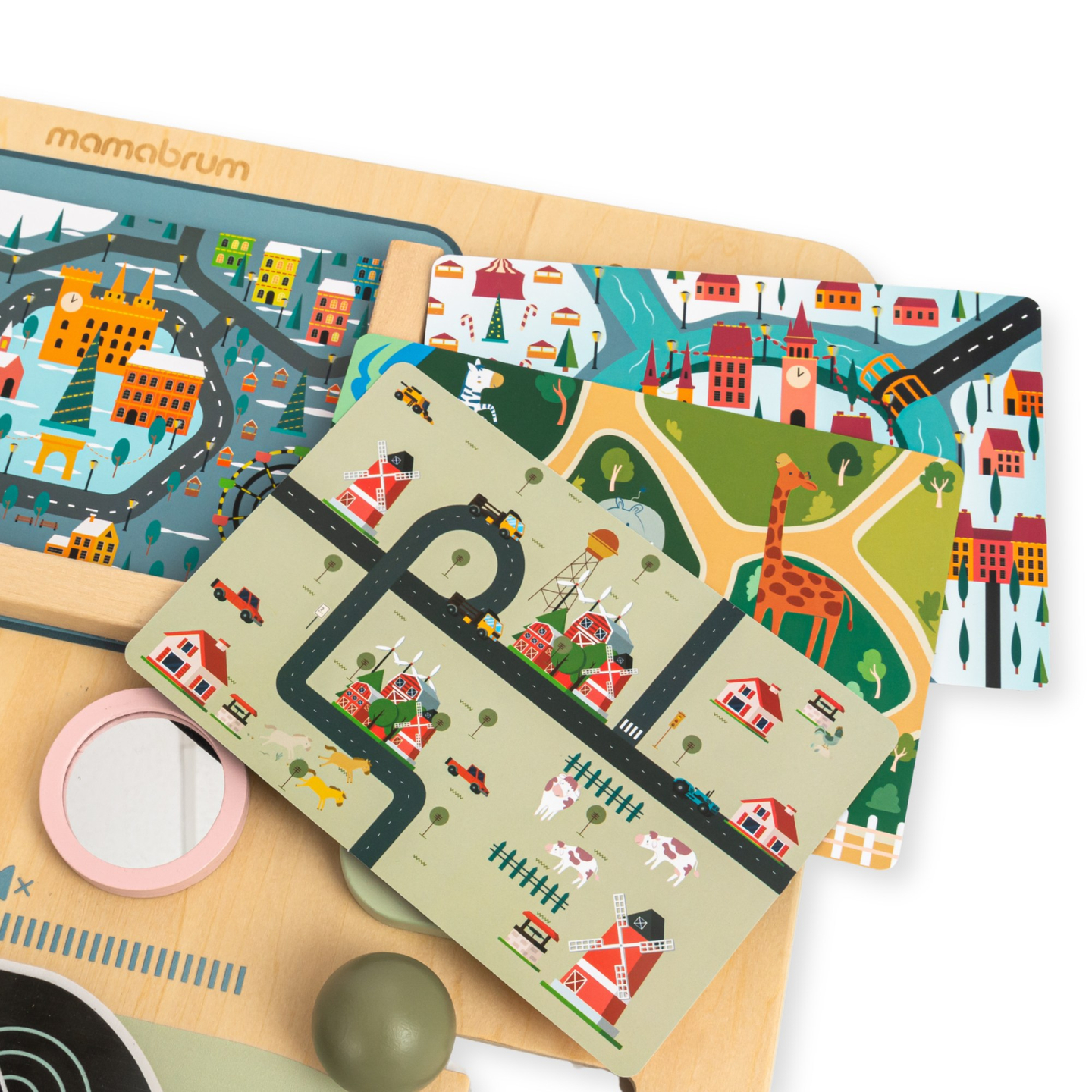 Fa Montessori tábla 2 az 1-ben vezetőfülke a kis sofőrnek és pilótának – kormánykerék, sebességváltó, útitérképek, radar