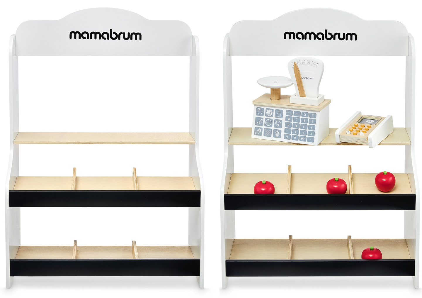 Mini market - bolt mérleggel, terminállal, fizetési kártyával és gyümölcsökkel