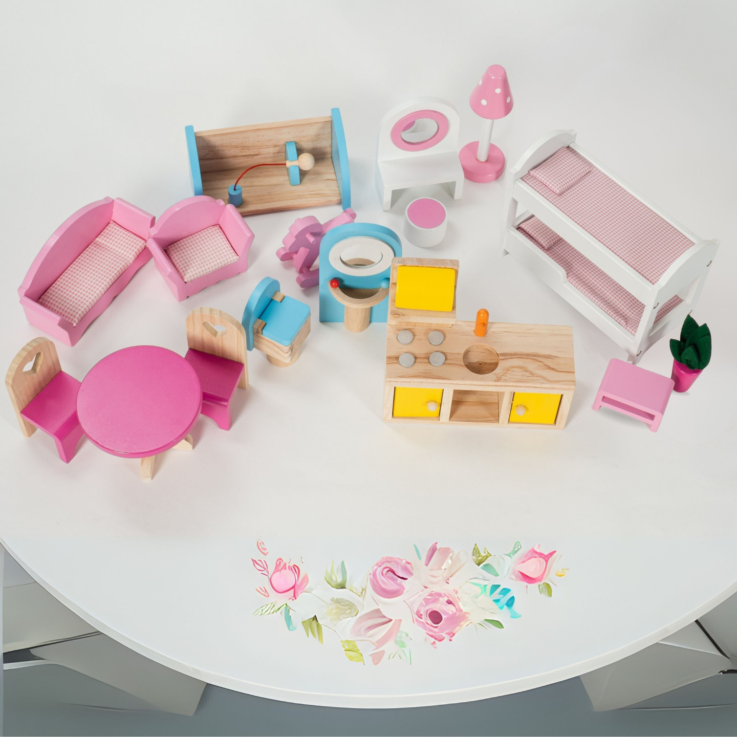 Nagyméretű, 3 szintes, fából készült babaház terasszal, bútorszettel és LED világítással!