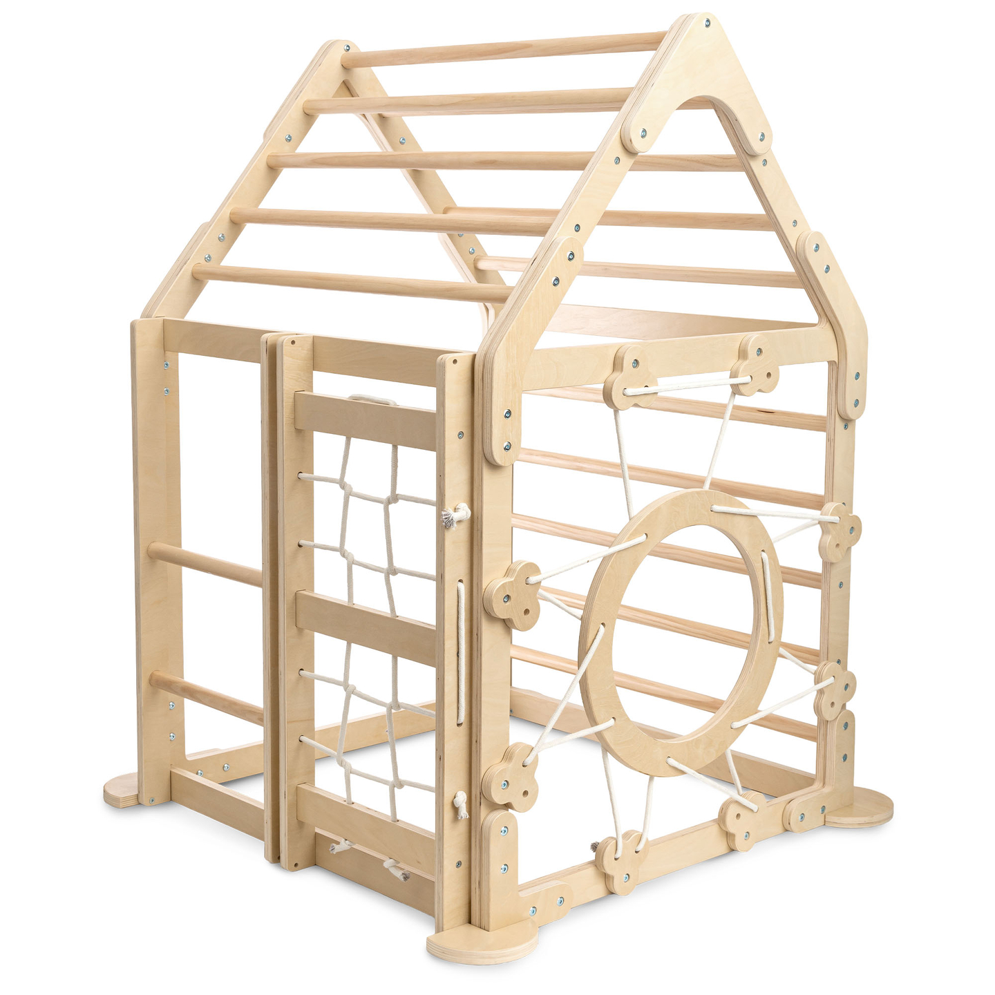 Fedett játszótér gyerekeknek - egy ház létrákkal és csúszdával