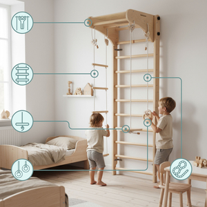 Fából készült tornalétra gyerekeknek kiegészítőkkel - tányérhinta, tornakarikák és kötéllétra