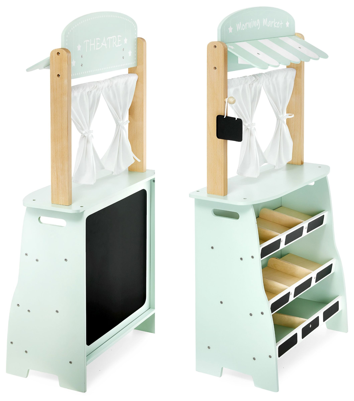 Nagy fa üzlet - bódé és színház 2 az 1-ben, mérleggel, fizetési terminállal, gyümölcsökkel és zöldségekkel