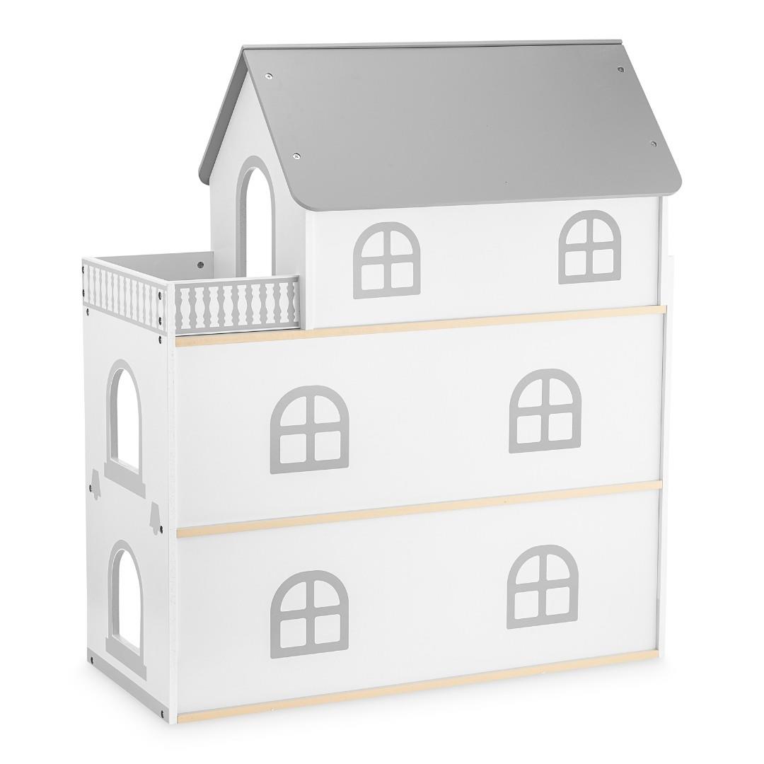 Fehér fából készült babaház terasszal és kiegészítőkkel