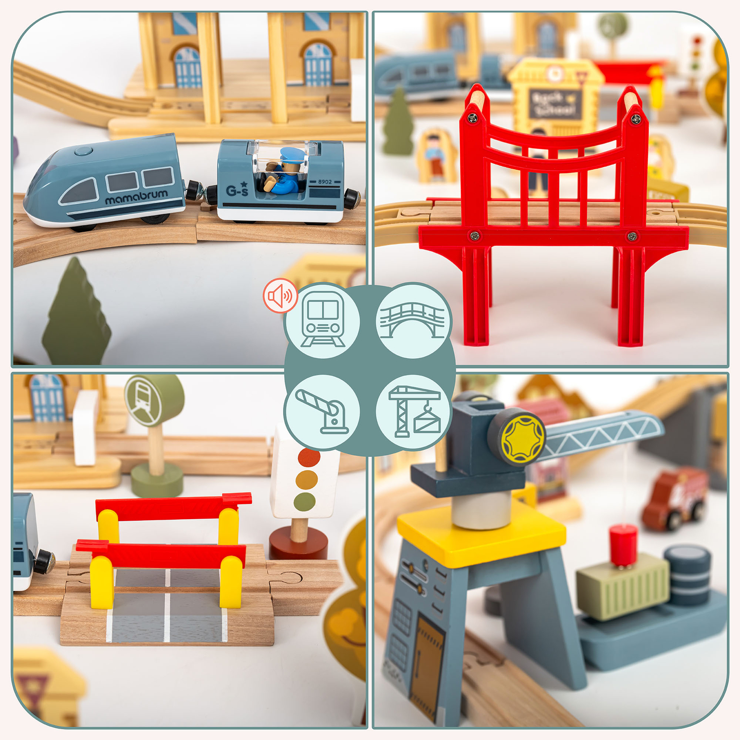 Fából készült városi vasút elektromos vonattal - mozgó daru, hajó, hidak