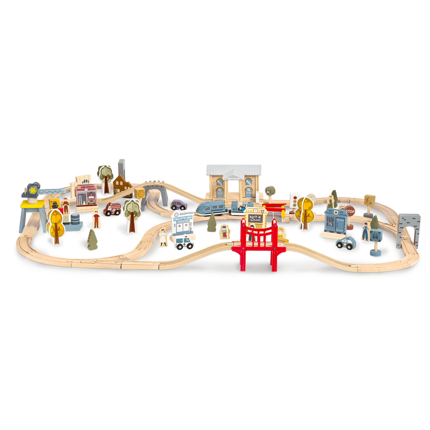 Fából készült városi vasút elektromos vonattal - mozgó daru, hajó, hidak