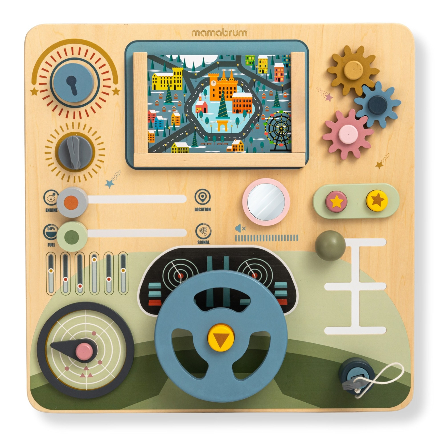Fa Montessori tábla 2 az 1-ben vezetőfülke a kis sofőrnek és pilótának – kormánykerék, sebességváltó, útitérképek, radar