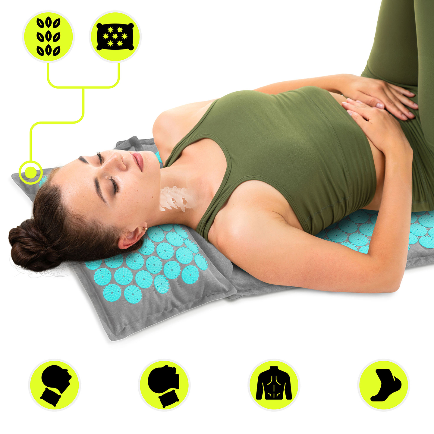 Öko vászon akupresszúrás szőnyeg kókuszrosttal és hajdinapárnával – 68 cm HyperMotion szürke-menta