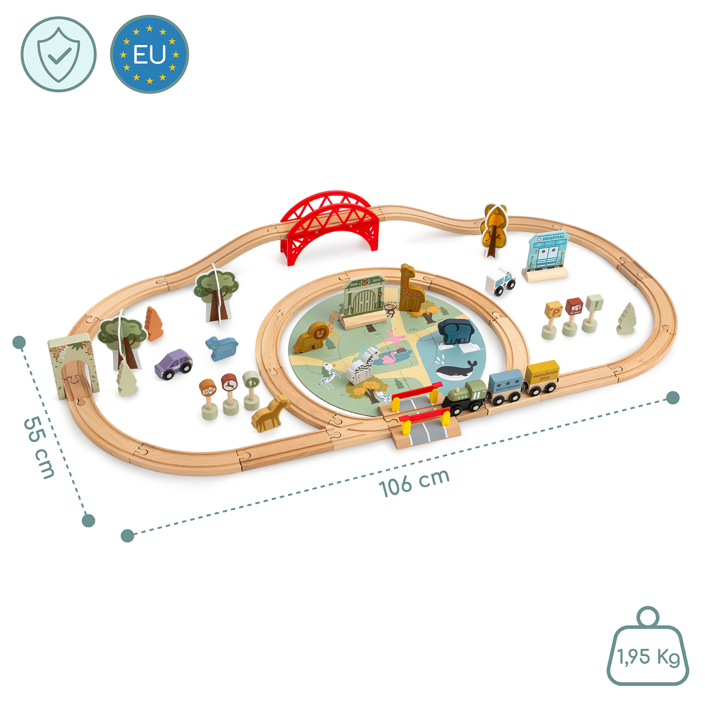 Fa állatkerti vonat – kirakós, vonat, sínek, állatok, híd, akadály