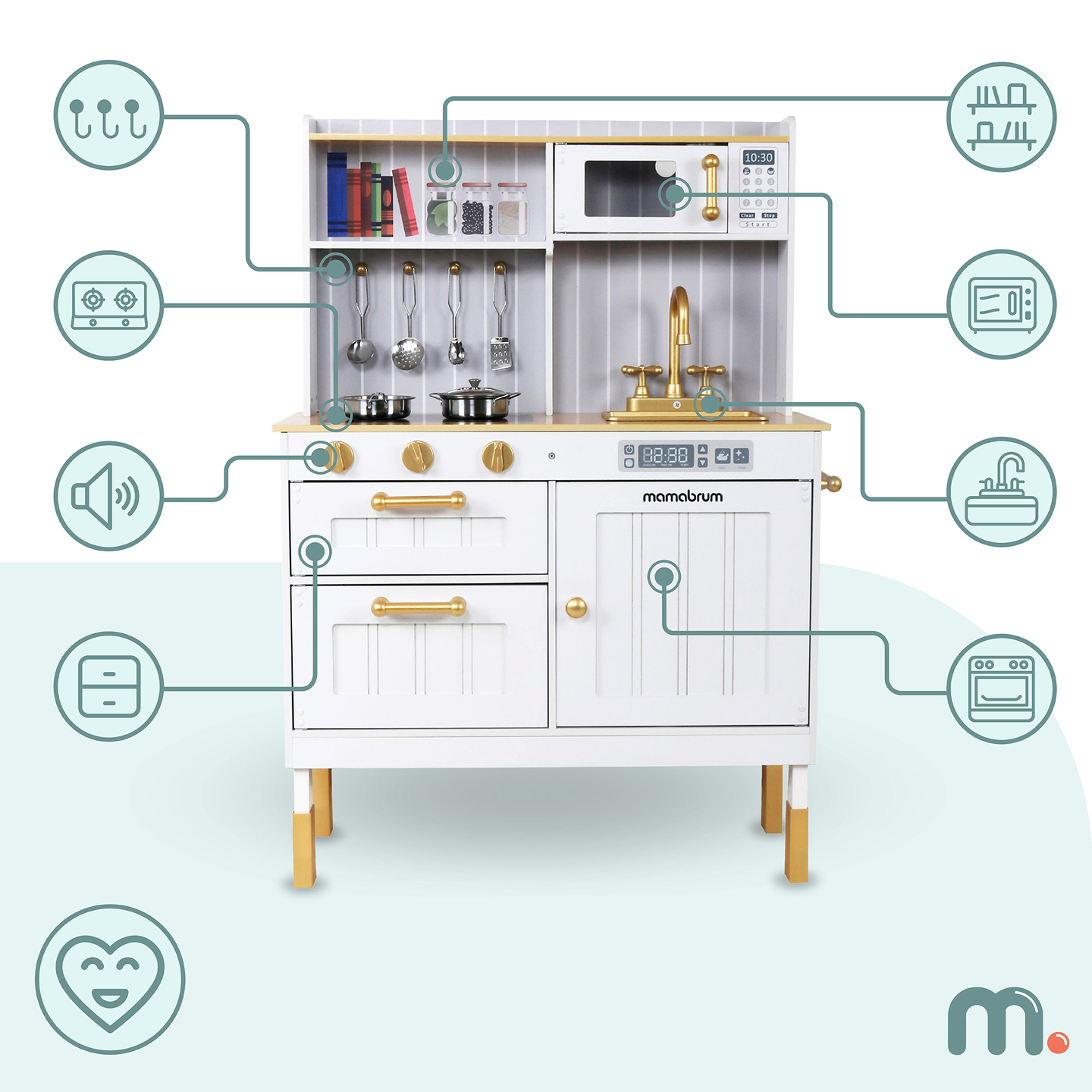 Fehér fa konyha kiegészítőkkel és köténnyel