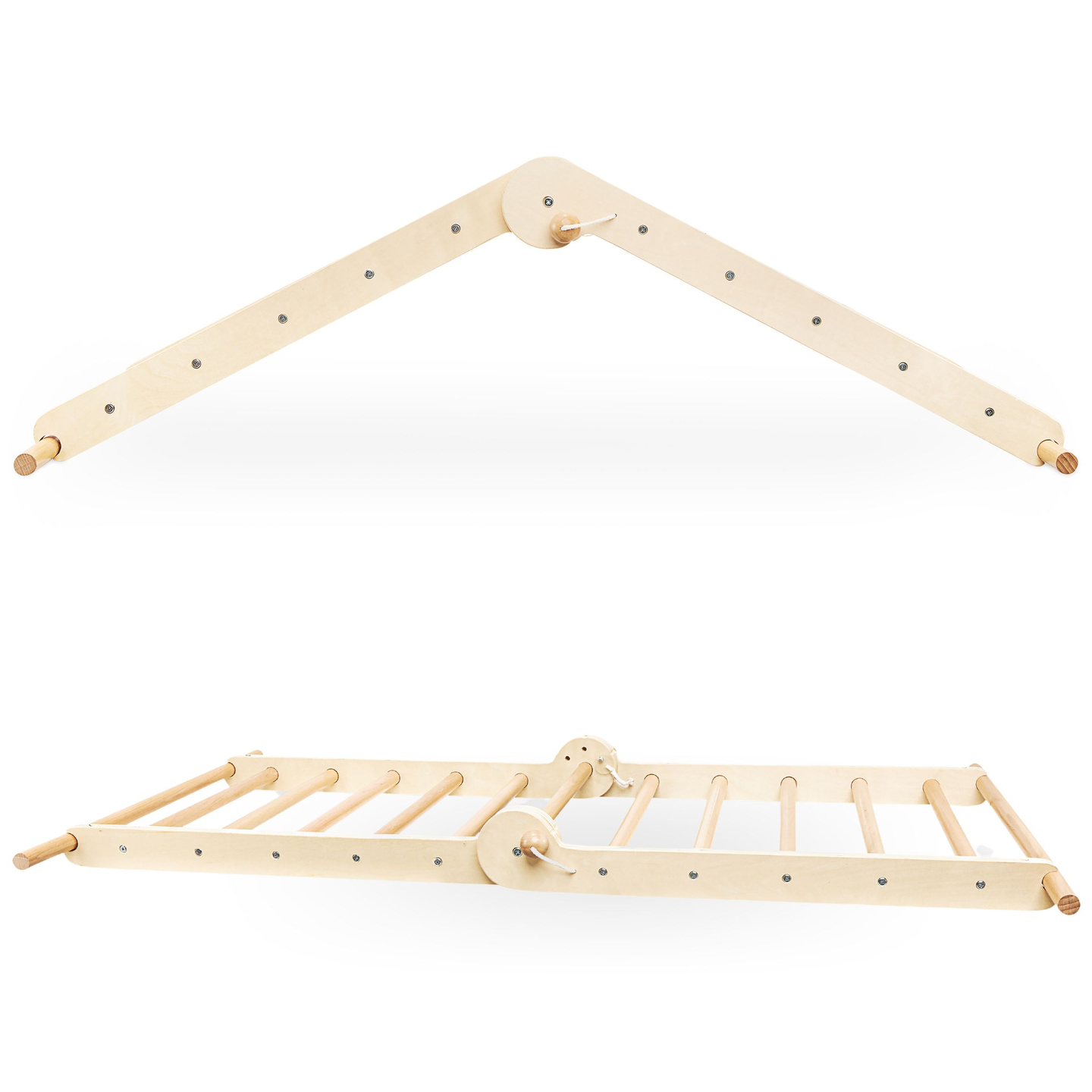 Fából készült, házi készítésű játszótér - létra + mászófal + egyensúlyozó gerenda - Pikler-háromszög