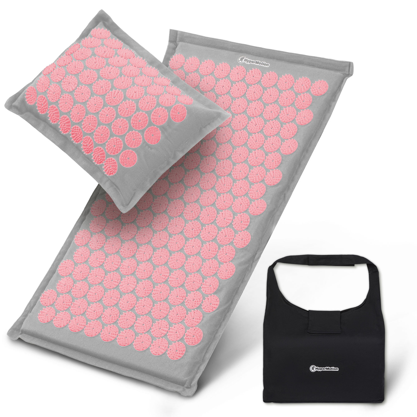 Öko vászon akupresszúrás szőnyeg kókuszrosttal és hajdinapárnával – 68 cm HyperMotion szürke és rózsaszín