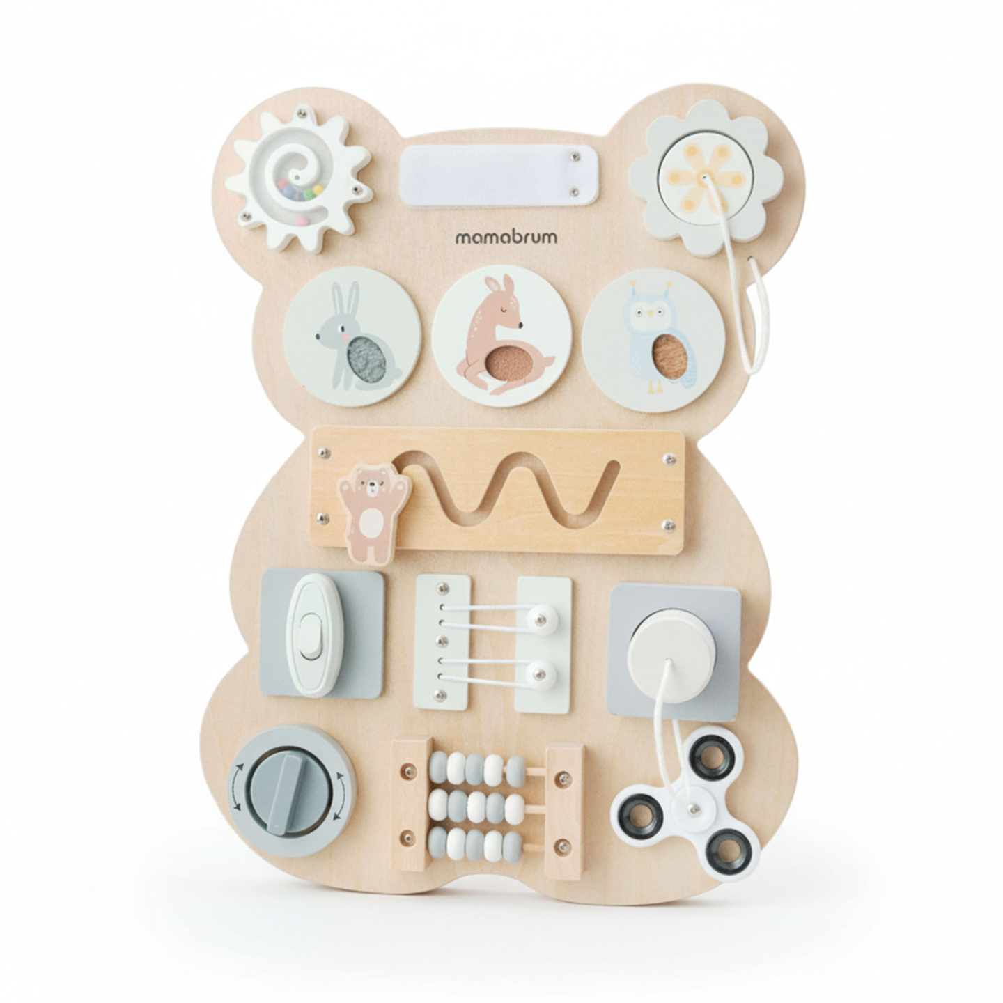 Montessori fa plüssmackó manipulatív tábla - szenzoros önállóság tanulás: tépőzár, dugó, labirintus, kattintógomb