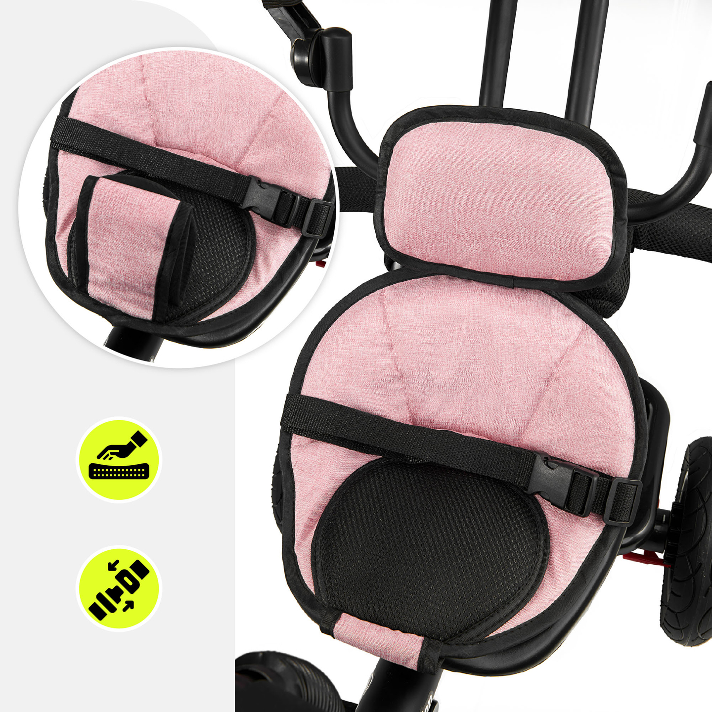 Háromkerekű gyerekeknek 1-4 éves korig - TOBI FREY - rózsaszín szín - forgatható - pumpás kerekek + tolóerő