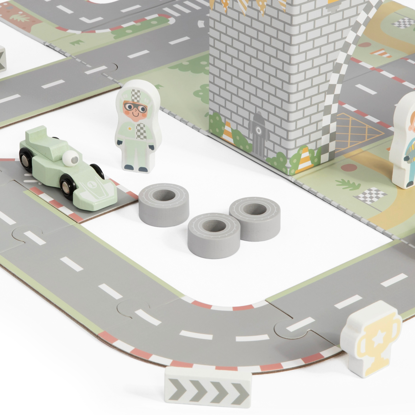 Mágneses bőrönd versenypályával, fából készült járművekkel és úti kiegészítőkkel