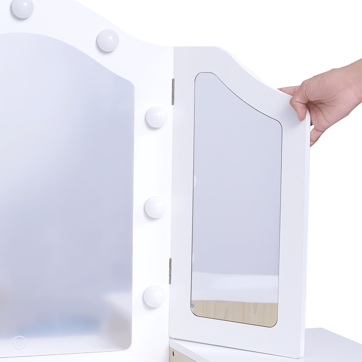 Fából készült gyermek öltözőasztal székkel, kiegészítőkkel és LED világítással