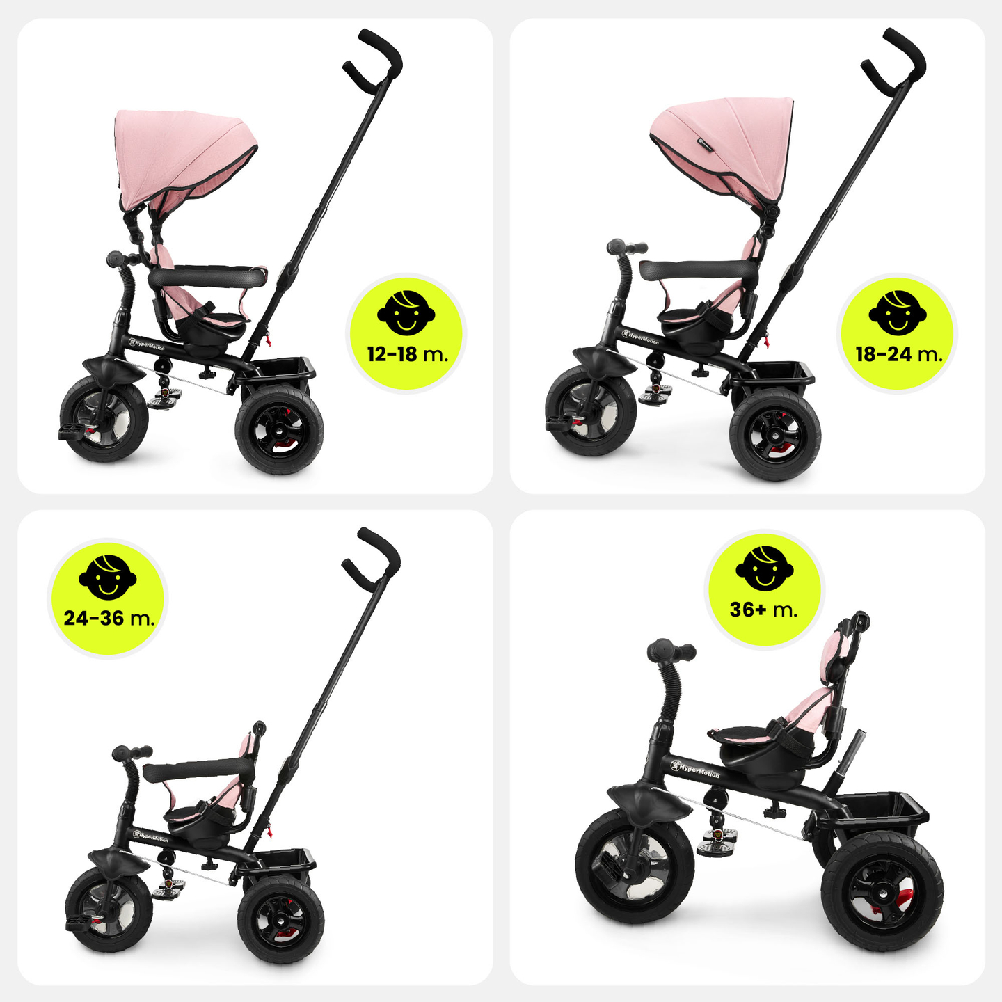 Háromkerekű gyerekeknek 1-4 éves korig - TOBI FREY - rózsaszín szín - forgatható - pumpás kerekek + tolóerő