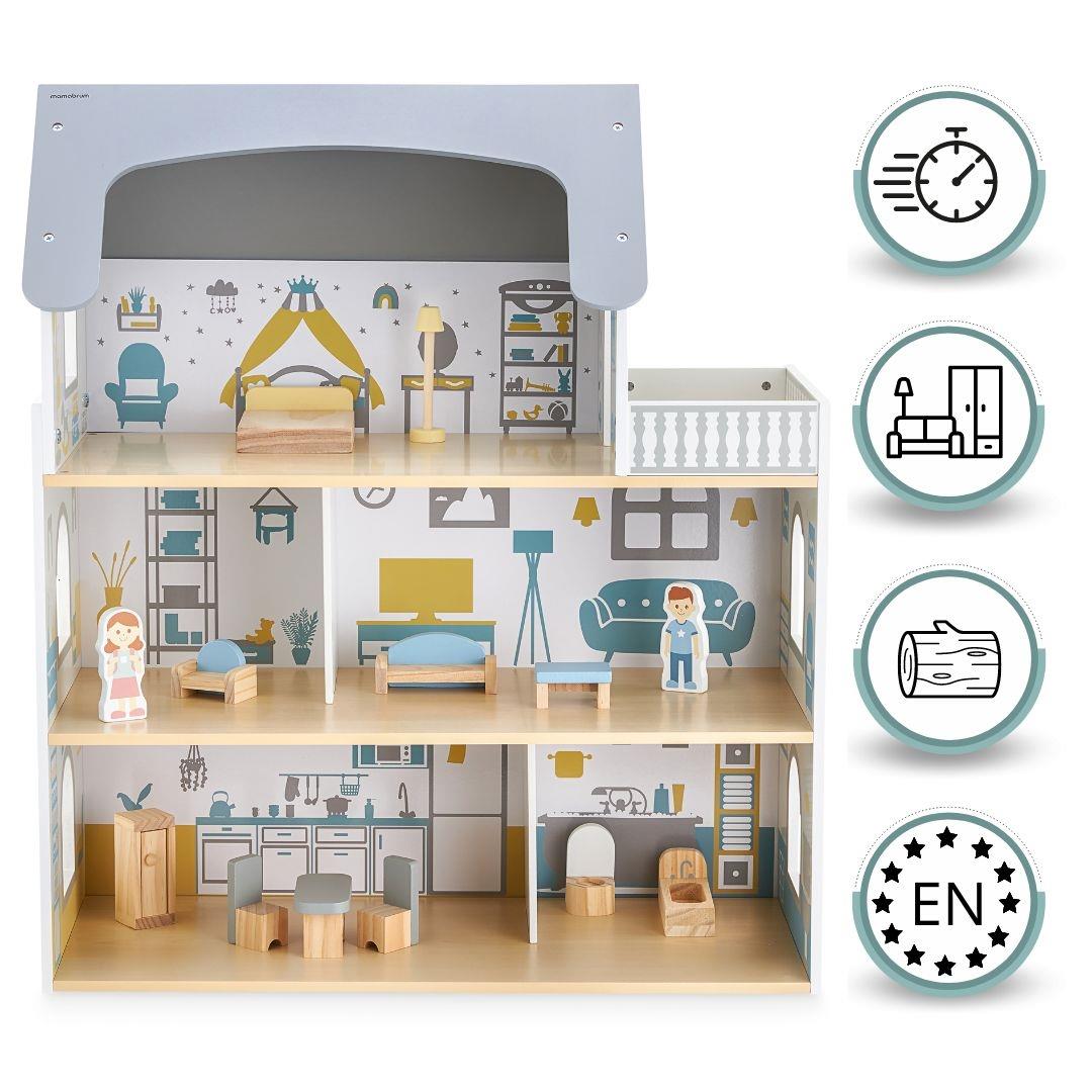 Fehér fából készült babaház terasszal és kiegészítőkkel