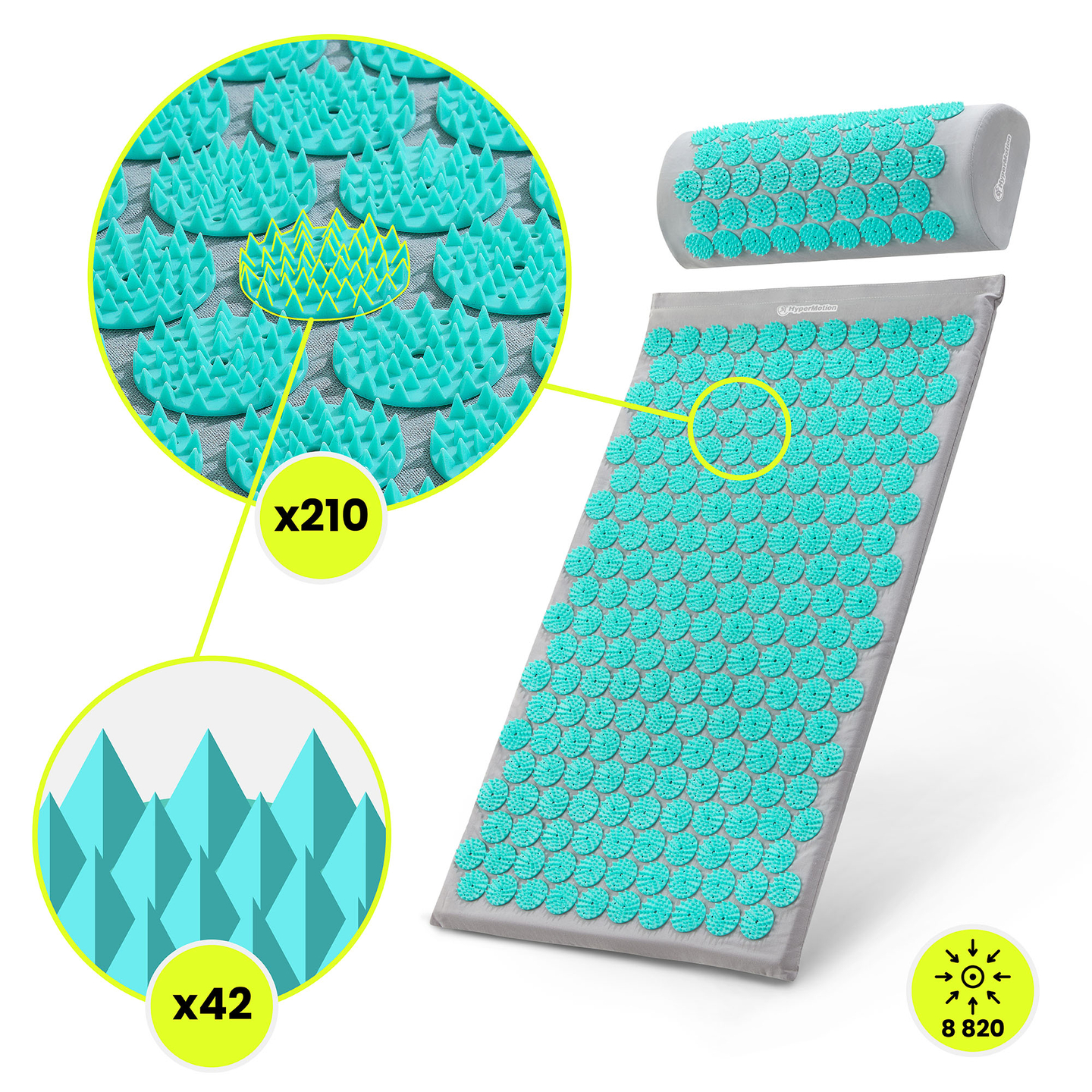 Akupresszúrás szőnyeg párnával és huzattal - 72 cm HyperMotion szürke-menta