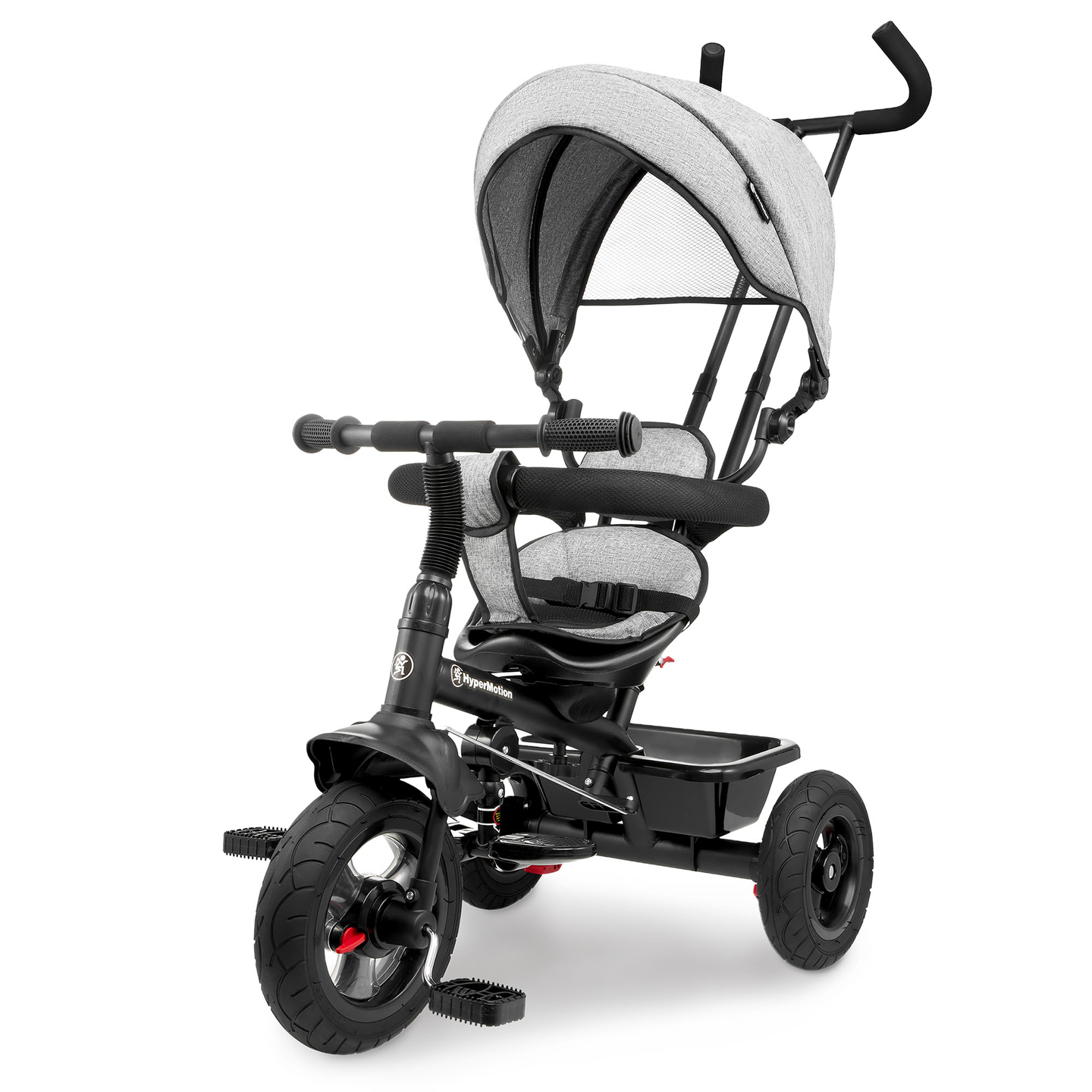 Háromkerekű gyerekeknek 1-4 éves korig - TOBI FREY - szürke színű - forgatható - pumpás kerekek + tolóerő