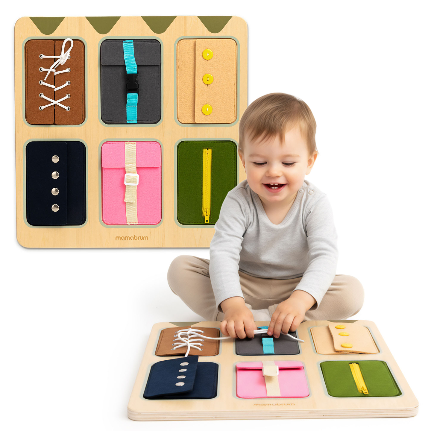 Montessori fa manipulatív tábla – Szenzoros önállóság tanulás - fűzők, csatok, gombok, patentkapcsok, cipzár