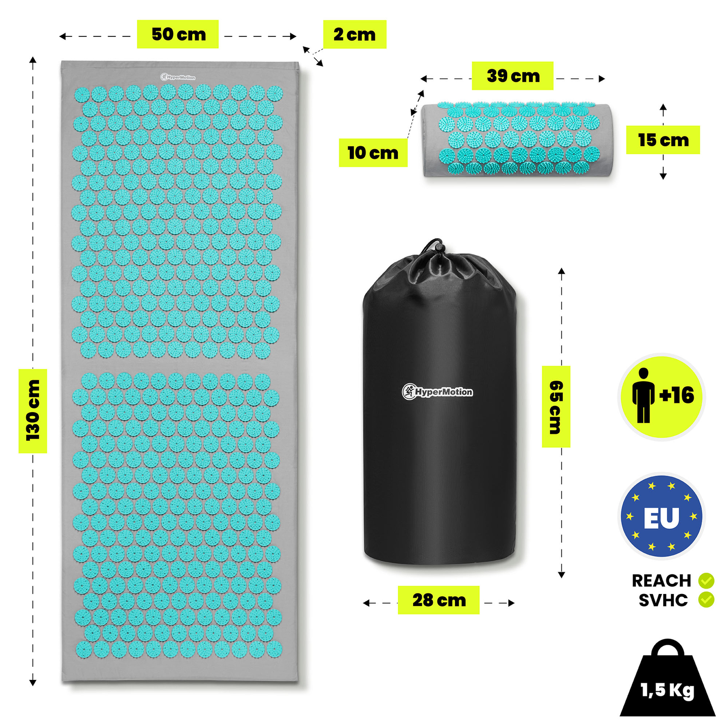 Nagy akupresszúrás szőnyeg párnával és huzattal - 130 cm HyperMotion szürke-menta